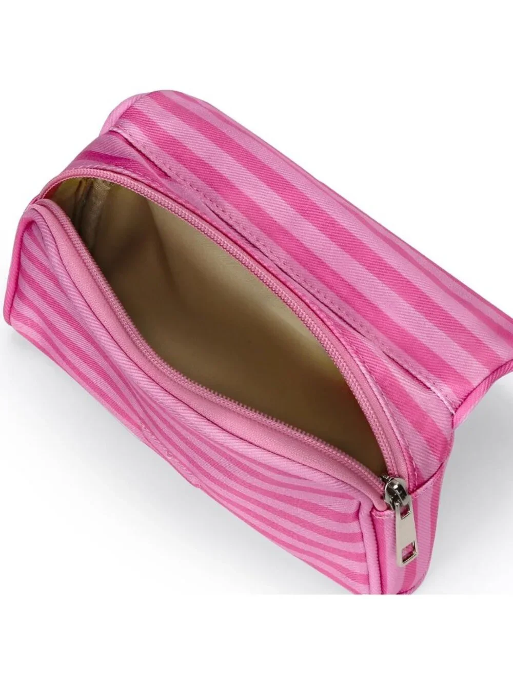 Trendy Pink Stripe Nylon Makeup Bag with Mirror | Portable Lightweight Cosmetic